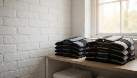 Étagère en bois clair contenant des serviettes pliées, des bouteilles de produits de massage et des éléments décoratifs dans un environnement lumineux et ordonné.