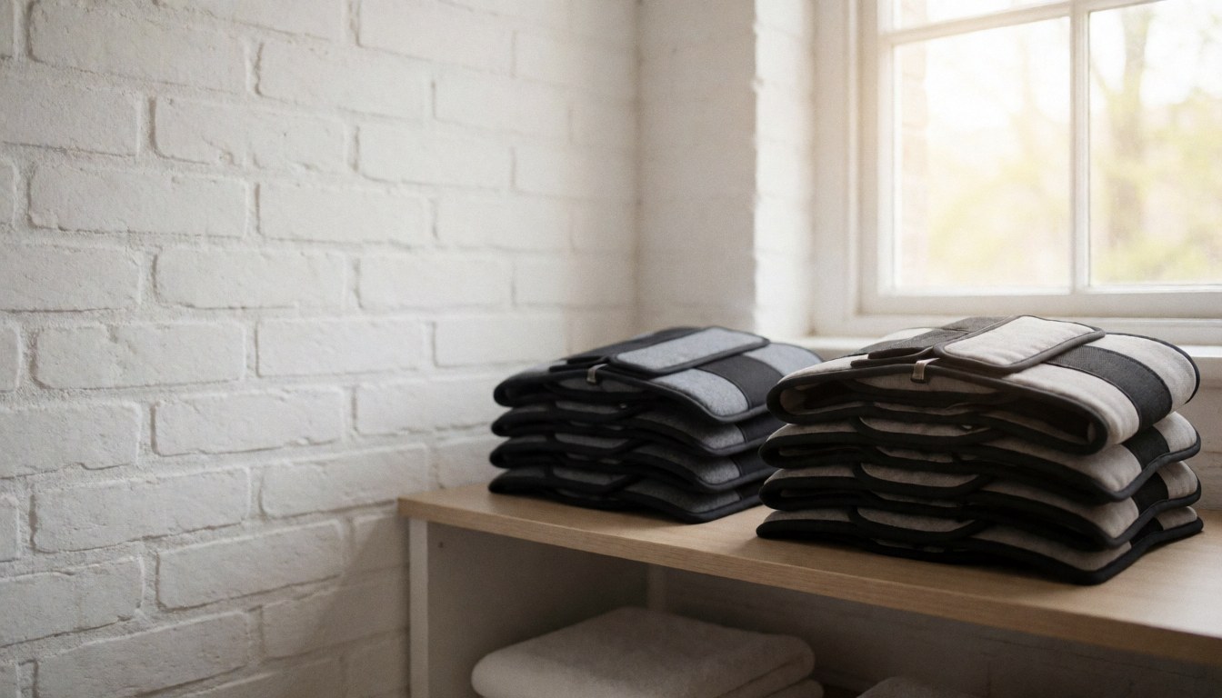Étagère en bois clair contenant des serviettes pliées, des bouteilles de produits de massage et des éléments décoratifs dans un environnement lumineux et ordonné.