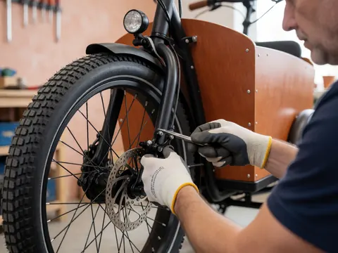 Un mécanicien ajuste les freins d'un vélo cargo dans un atelier avec des outils et des gants de travail.