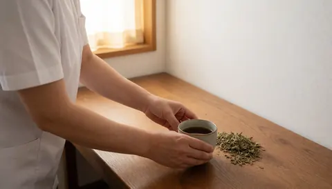 Un professionnel de l'acupuncture en uniforme blanc pose une tasse de thé sur une table en bois, entouré d'herbes sèches dans un espace lumineux et apaisant.
