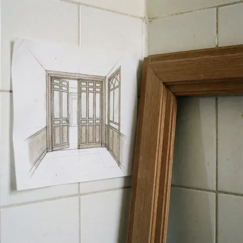 Dessin architectural d'une porte posée près d'un cadre en bois restauré sur un mur de carreaux blancs, montrant le contraste entre le design et la finition.
