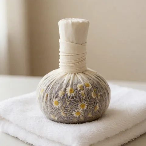 Des compresses d'herbes sèches posées sur une serviette blanche avec des fleurs séchées, évoisant le bien-être et la relaxation.