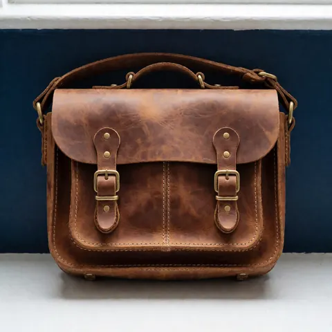 Vue de dessus d'un sac en cuir marron avec des herrages en bronze, éclairage naturel, style occidental, artisanat, accessoire de mode.