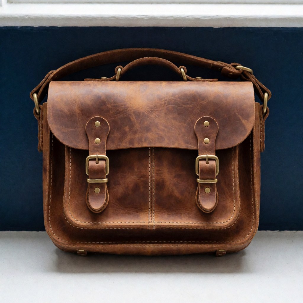 Vue de dessus d'un sac en cuir marron avec des herrages en bronze, éclairage naturel, style occidental, artisanat, accessoire de mode.