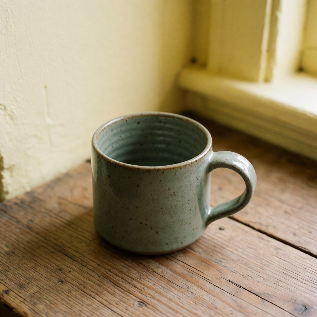 Une tasse de café en céramique artisanale posée sur une surface en bois rustique avec un fond jaune lumineux.