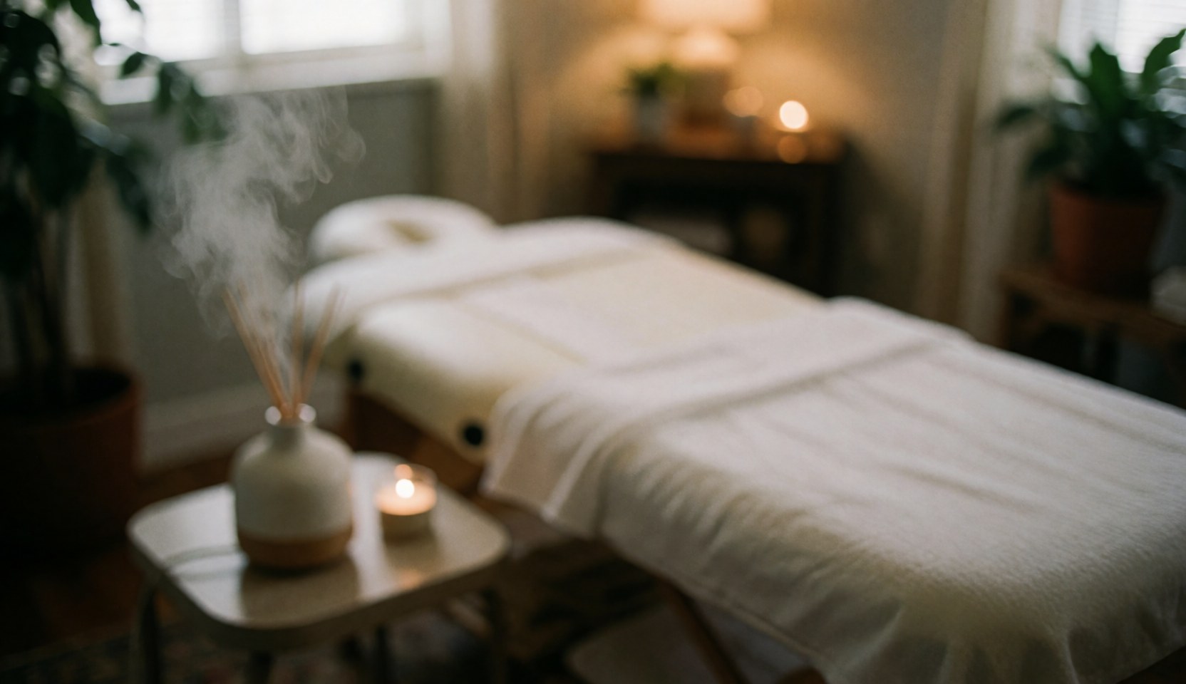 Pièce dédiée à l'aromathérapie équipée d'une table de massage, d'un diffuseur et de bougies créant une ambiance relaxante naturelle.