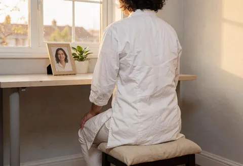 Praticien vu de dos portant une tunique, assis sur une chaise dans un intérieur lumineux et calme, évoquant la sérénité et le bien-être.