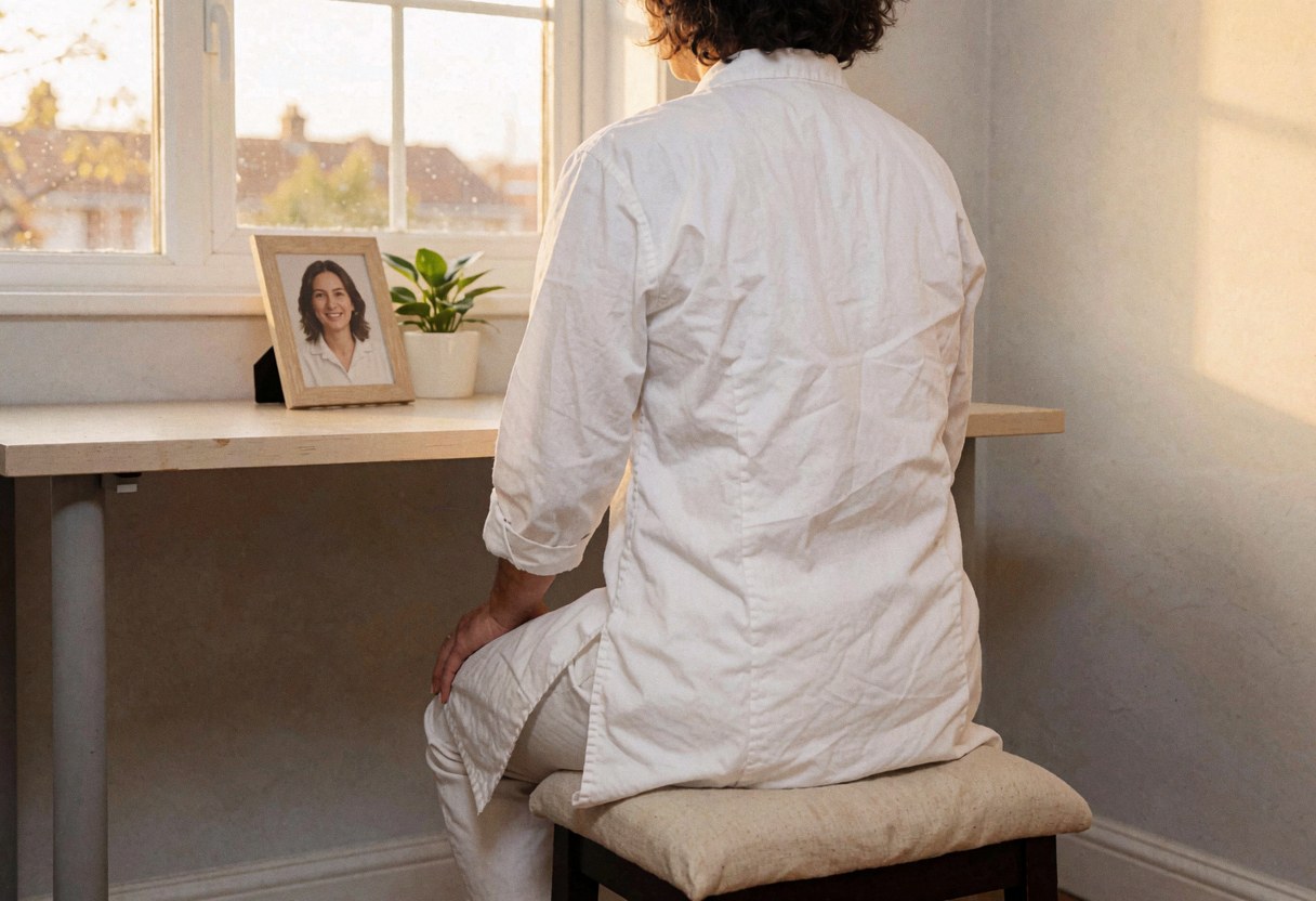 Praticien vu de dos portant une tunique, assis sur une chaise dans un intérieur lumineux et calme, évoquant la sérénité et le bien-être.