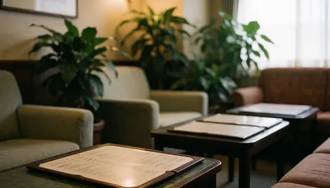 Salle d'attente calme avec chaises confortables, plantes vertes, tables basses avec menus, éclairage chaleureux et ambiance relaxante.