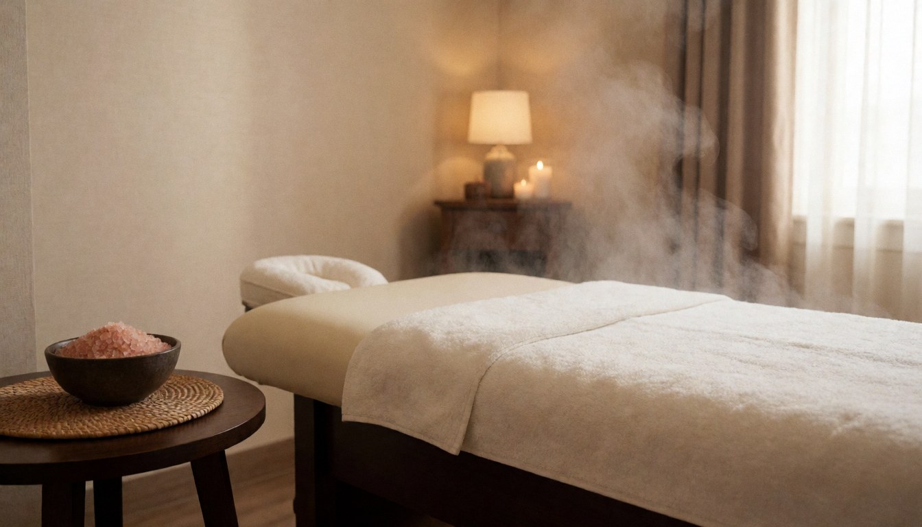 Pièce de massage vide avec table couverte, bol de sel rose et vapeur légère, idéale pour l'exfoliation et la détente.
