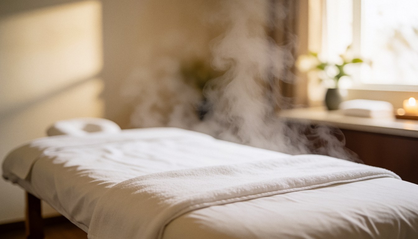 Lit de massage recouvert de draps blancs, émanant une vapeur douce, éclairé par la lumière naturelle sur un fond flou.