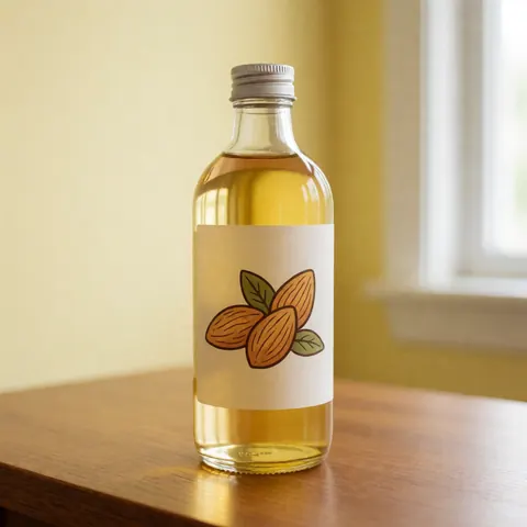 Bouteille en verre contenant de l'huile d'amande avec une étiquette illustrant des amandes, posée sur une table en bois devant un mur jaune pâtre éclairé par la lumière naturelle.