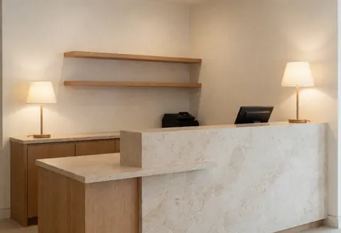 Réception de spa avec comptoir en pierre naturelle, étagères en bois et lumières chaudes, ambiance propre et professionnelle pour les massages.