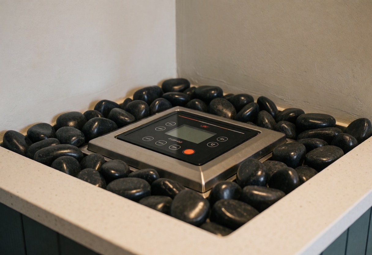 Coffre à pierres chaudes avec écran numérique, pierres noires brillantes sur fond gris clair, ambiance propre et professionnelle pour massage et relaxation.