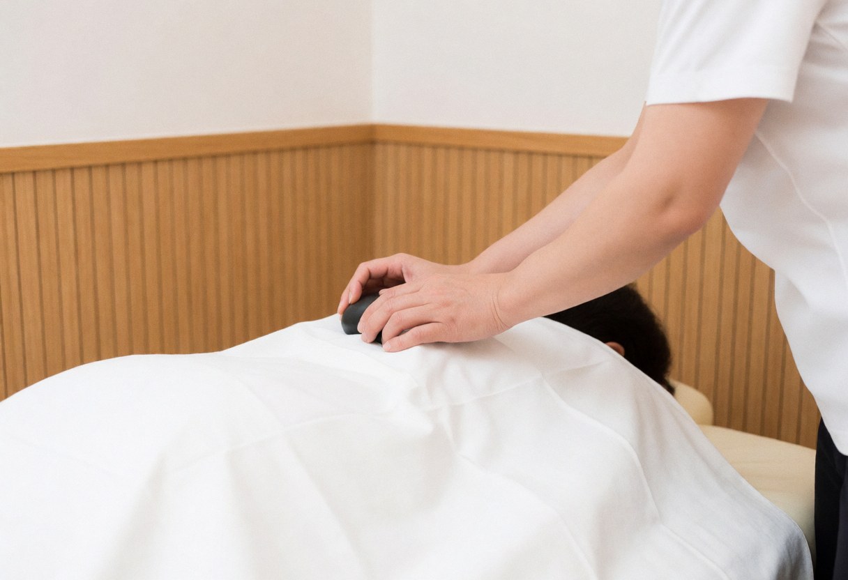 Un thérapeute professionnel réalise un massage avec des pierres chaudes sur le dos d'un client dans un cadre de spa.