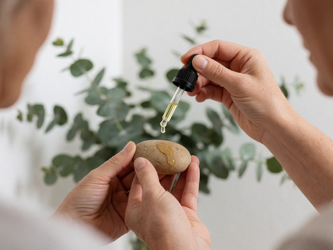 Gouttes d'huile essentielle d'eucalyptus tombant sur une pierre de massage chaude, avec des feuilles vertes en arrière-plan flou.
