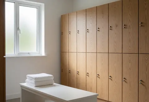 Vestiaire équipé d'armoires en bois, d'un banc blanc et de servisses, éclairé par la lumière naturelle entrant par une fenêtre, créant une ambiance propre et relaxante.
