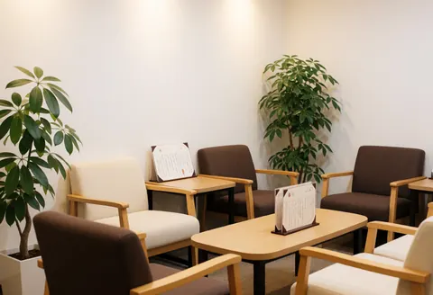 Vue d'un espace d'attente intérieur lumineux meublé de chaises et tables en bois avec plantes vertes pour un salon de massage.