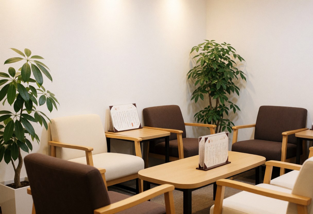 Vue d'un espace d'attente intérieur lumineux meublé de chaises et tables en bois avec plantes vertes pour un salon de massage.