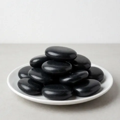 Des pierres noires polies et chaudes disposées sur une assiette blanche posée sur un fond gris neutre, avec un éclairage doux.