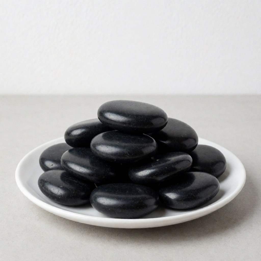Des pierres noires polies et chaudes disposées sur une assiette blanche posée sur un fond gris neutre, avec un éclairage doux.