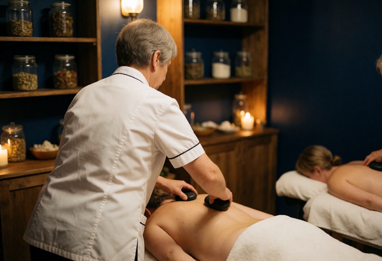 Un thérapeute en uniforme blanc effectue un massage aux pierres chaudes sur le dos d'un client dans un spa chaleureux avec étagères en bois et bougies.