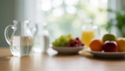 Arrière-plan esthétique avec des fruits frais, des jarres en verre contenant de l'eau et des jus, disposés sur une surface en bois avec un effet de flou lumineux.