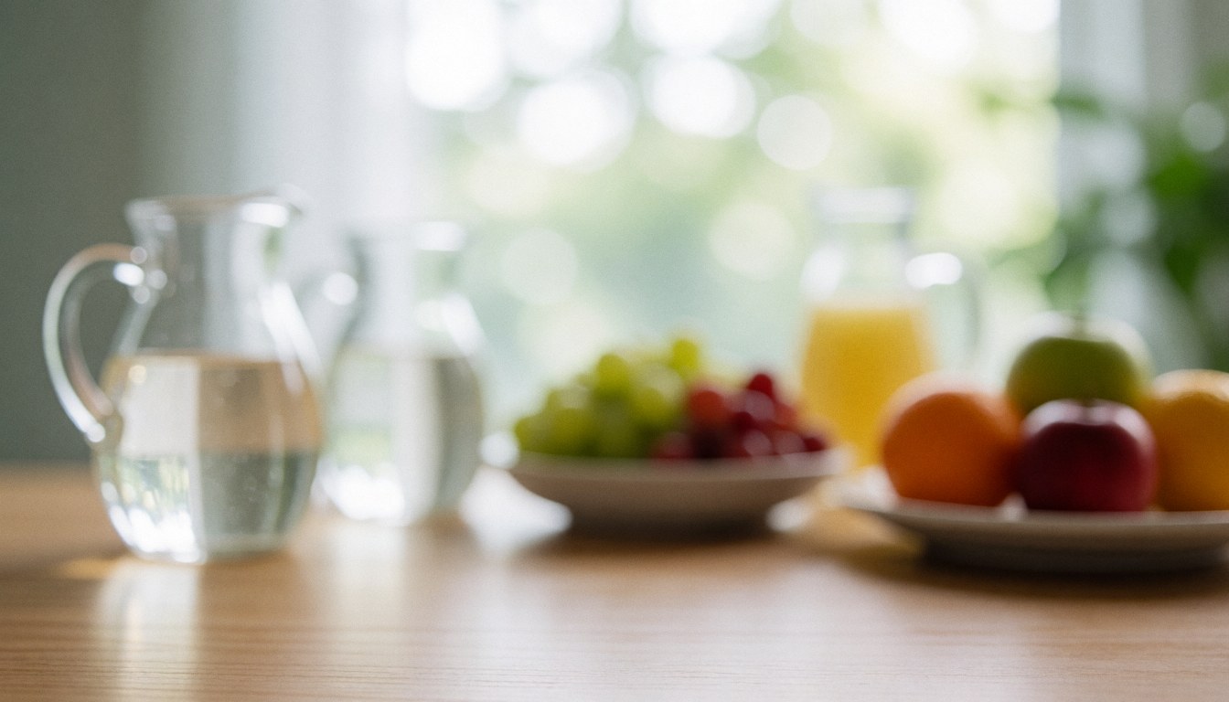 Arrière-plan esthétique avec des fruits frais, des jarres en verre contenant de l'eau et des jus, disposés sur une surface en bois avec un effet de flou lumineux.