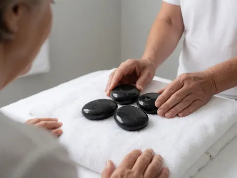 Quatre pierres noires posées sur une serviette blanche, mains de thérapeute préparant le massage, fond gris clair, ambiance relaxante.