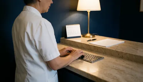 Une réceptionniste en uniforme blanc travaille derrière un comptoir en pierre avec un calendrier et une lampe, créant une ambiance professionnelle et chaleureuse.