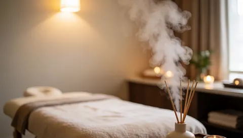 Intérieur d'une salle de massage équipée d'une table de traitement, émettant de la vapeur aromatique, éclairée par des lumières chaudes et décorée de manière minimaliste pour la relaxation.