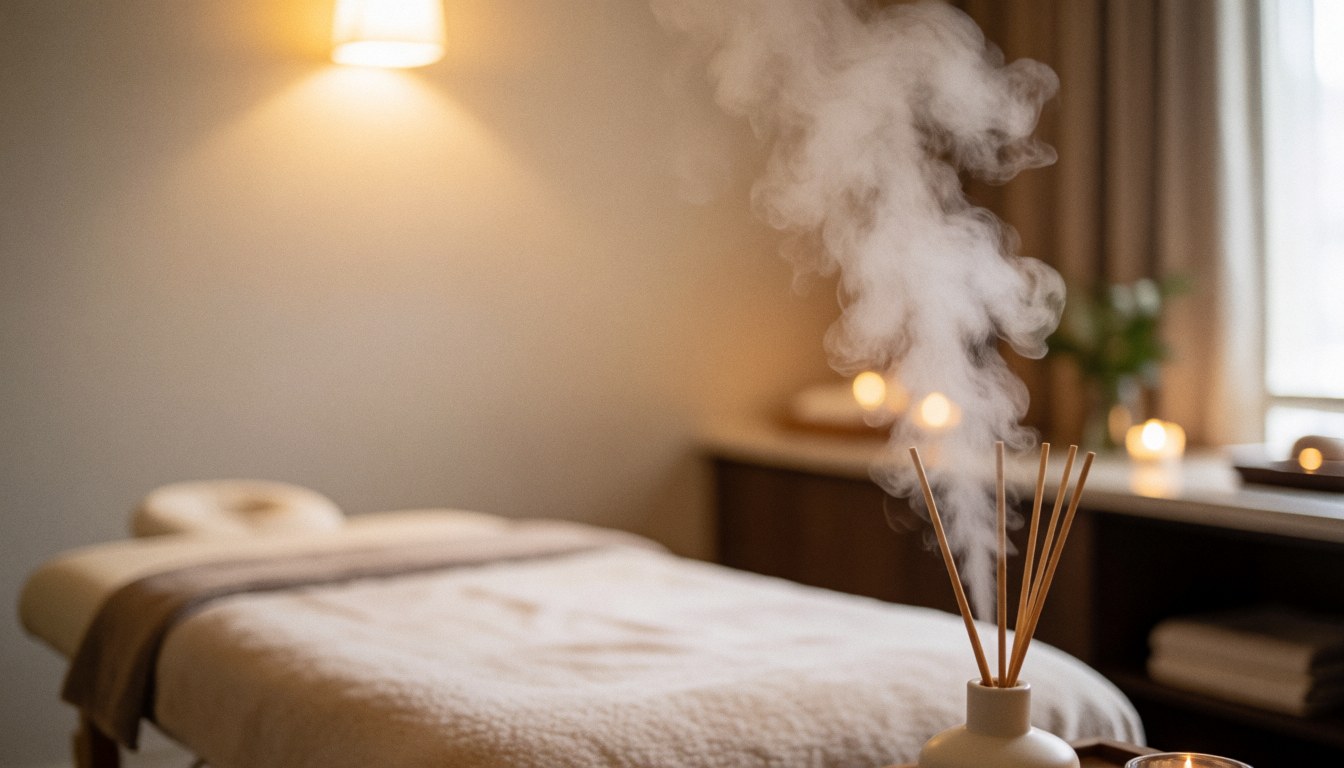 Intérieur d'une salle de massage équipée d'une table de traitement, émettant de la vapeur aromatique, éclairée par des lumières chaudes et décorée de manière minimaliste pour la relaxation.