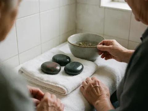 Composition zen mettant en valeur des pierres de massage chaudes disposées sur une serviette blanche, accompagnées d'une tasse en céramique grise émettant de la vapeur.