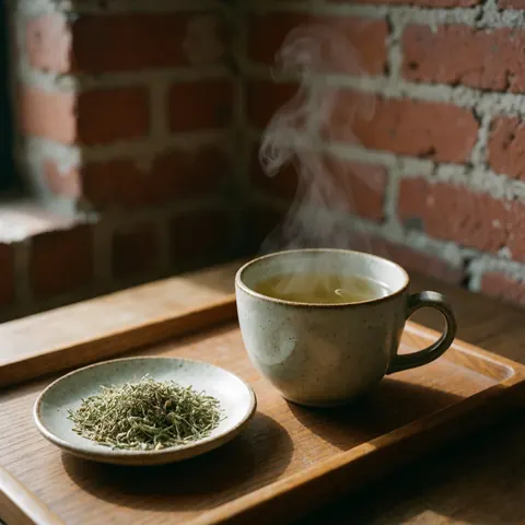 Une tasse en céramique contenant du thé à la camomille dégage de la vapeur, posée sur un plateau en bois avec des herbes sèches, devant un mur de briques.