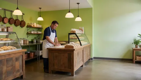 Un boulanger pétrit de la pâte sur un comptoir en bois dans une boulangerie aux murs verts et à l'éclairage suspendu.