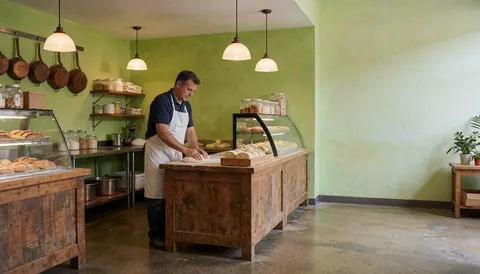 Un boulanger pétrit de la pâte sur un comptoir en bois dans une boulangerie aux murs verts et à l'éclairage suspendu.