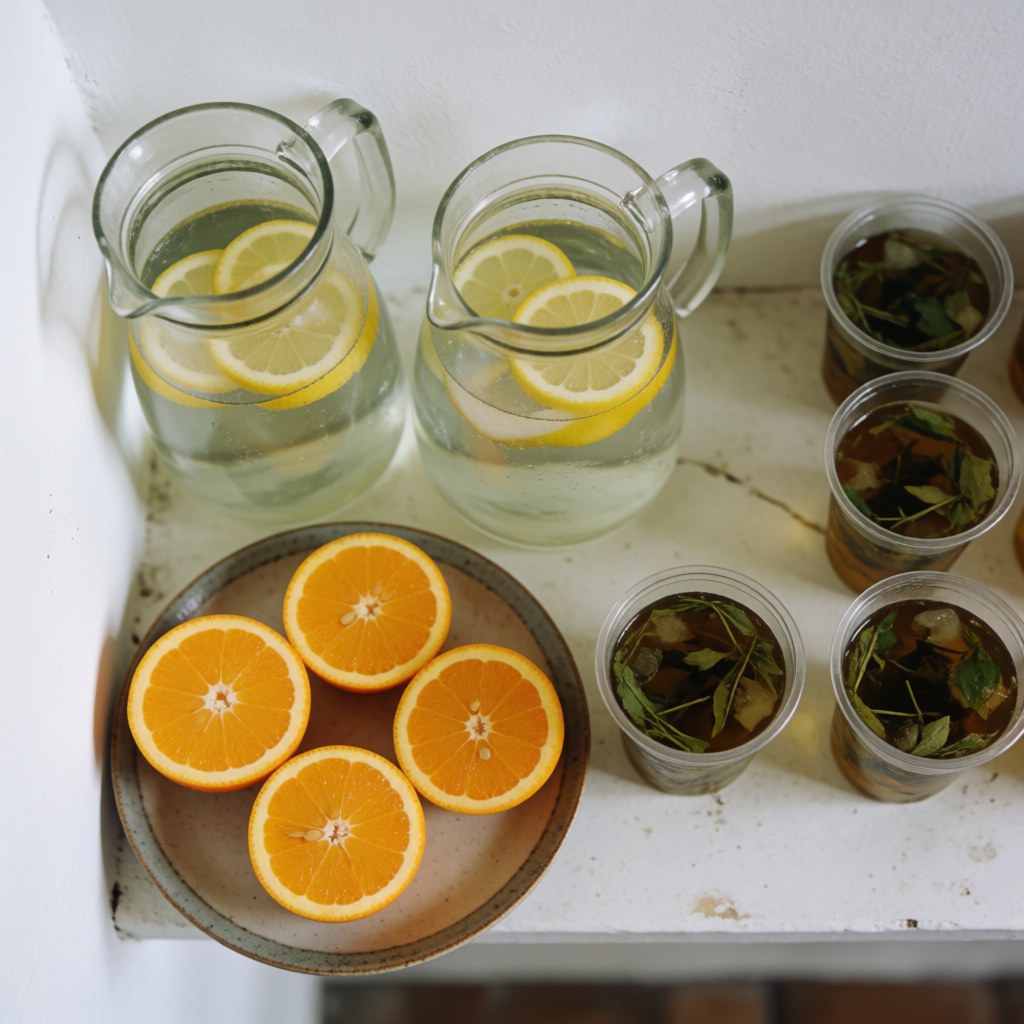 Une station d'hydratation présentant des citrons, des oranges, du thé et des verres sur une surface en céramique pour les entreprises.