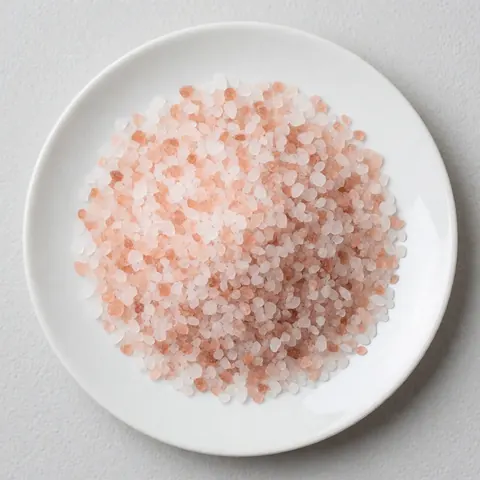 Assiette en céramique blanche contenant du sel rose cristallin, idéal pour les massages aux pierres chaudes, le spa et les soins corporels.