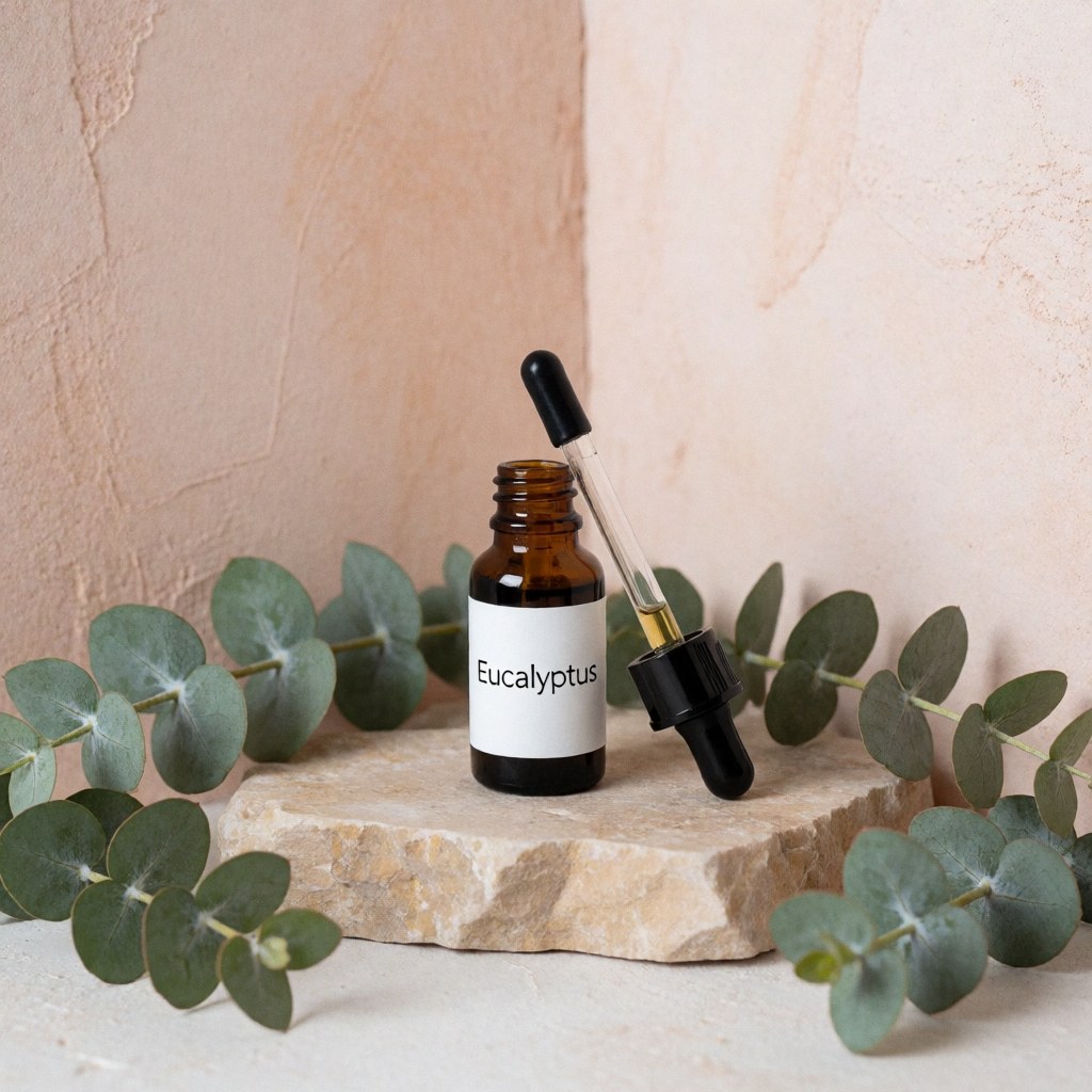 Une bouteille sombre d'huile d'eucalyptus munie d'un compte-gouttes posée sur une pierre naturelle, entourée de feuilles fraîches d'eucalyptus devant un mur en plâtre clair.