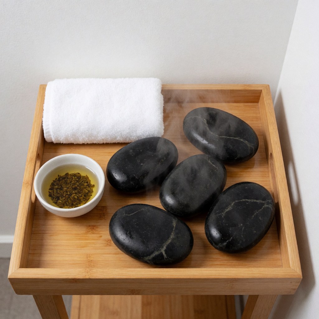 Un ensemble de pierres chauffées disposé sur un plateau en bois avec une serviette roulée, de l'huile et des herbes, évoquant le bien-être et la relaxation dans un cadre spa professionnel.