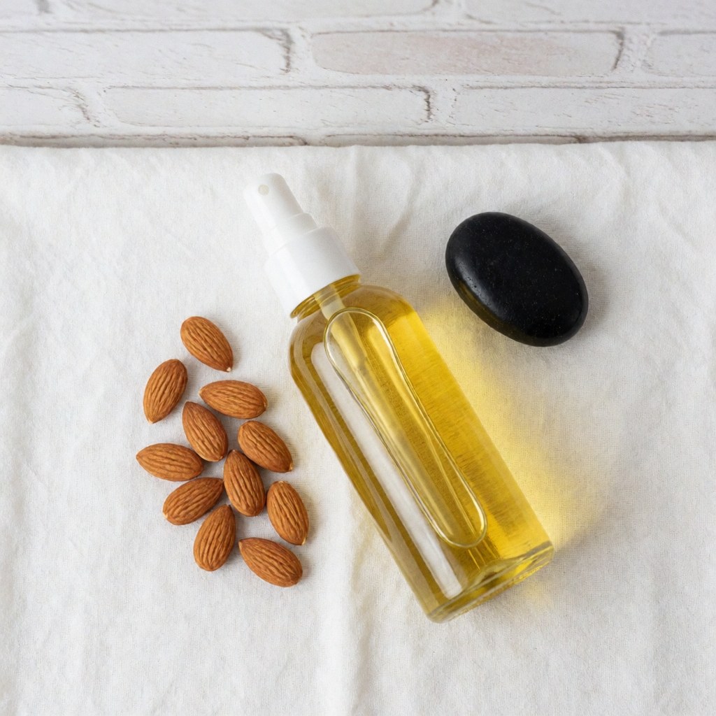 Bouteille d'huile d'amande avec spray, amandes entières et pierre noire sur tissu blanc, idéale pour massages et spa.