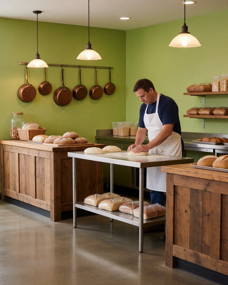 Un boulanger concentré travaille dans une cuisine professionnelle avec des ustensiles en acier et en cuivre.