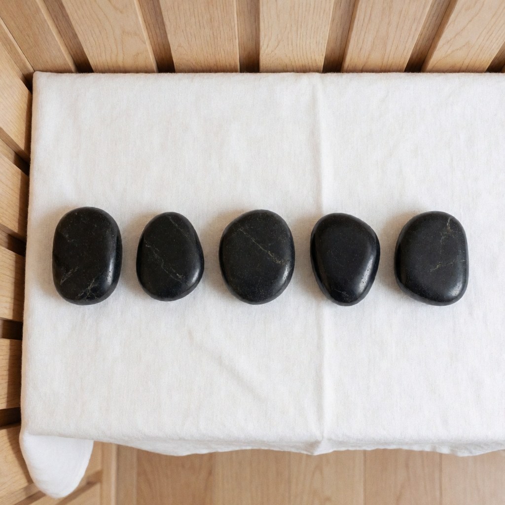 Cinq pierres noires lisses et brillantes posées sur un tissu blanc, sur un fond en bois clair, évoquant le bien-être et les soins spa.