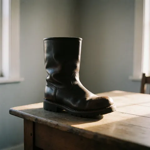 Une botte de travail en cuir marron posée sur une table en bois rustique, éclairée par une lumière naturelle contre un mur gris.