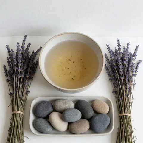 Arrangement de massage aux pierres chaudes avec eau aux herbes, pierres dans un récipient et branches de lavande séchée sur fond blanc.