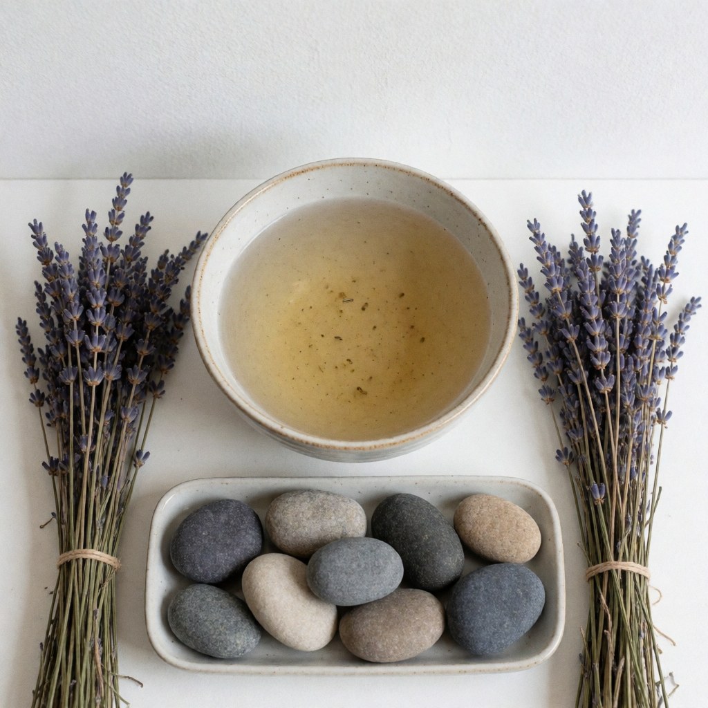 Arrangement de massage aux pierres chaudes avec eau aux herbes, pierres dans un récipient et branches de lavande séchée sur fond blanc.
