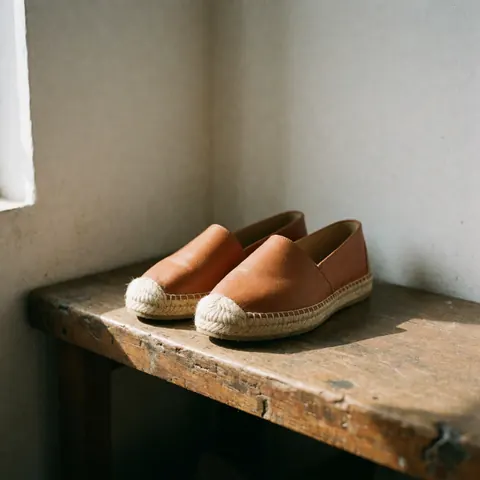 Esprit d'atelier avec des espadrilles en cuir posées sur un établi en bois, éclairage naturel provenant d'une fenêtre.