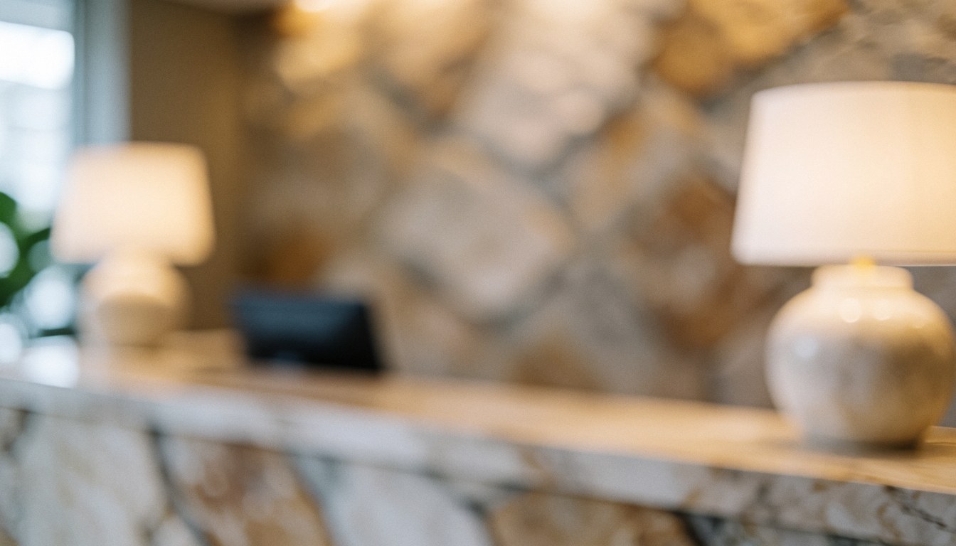 Réception de spa avec un mur en pierre naturelle, des lampes à lumière chaude créant une ambiance relaxante, idéale pour un fond de texte.