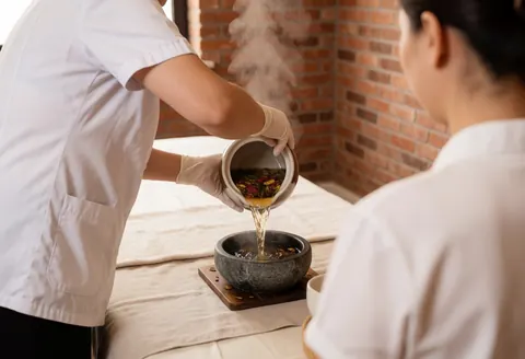 Un thérapeute en uniforme blanc verse de l'eau chaude avec des herbes sur une pierre chauffée au-dessus d'une table de spa, entouré de vapeur et d'un mur en briques baigné de lumière naturelle.