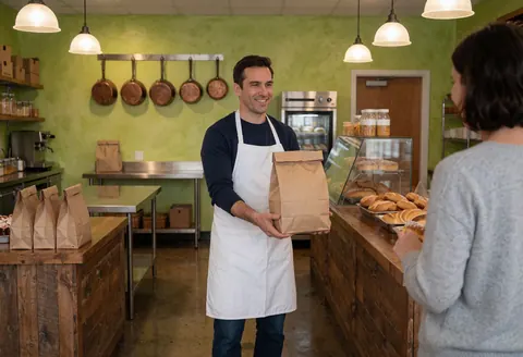 Un boulanger dans une boulangerie aux murs verts remet un sac de pain à une cliente devant un comptoir en bois avec des pâtisseries et du pain frais.